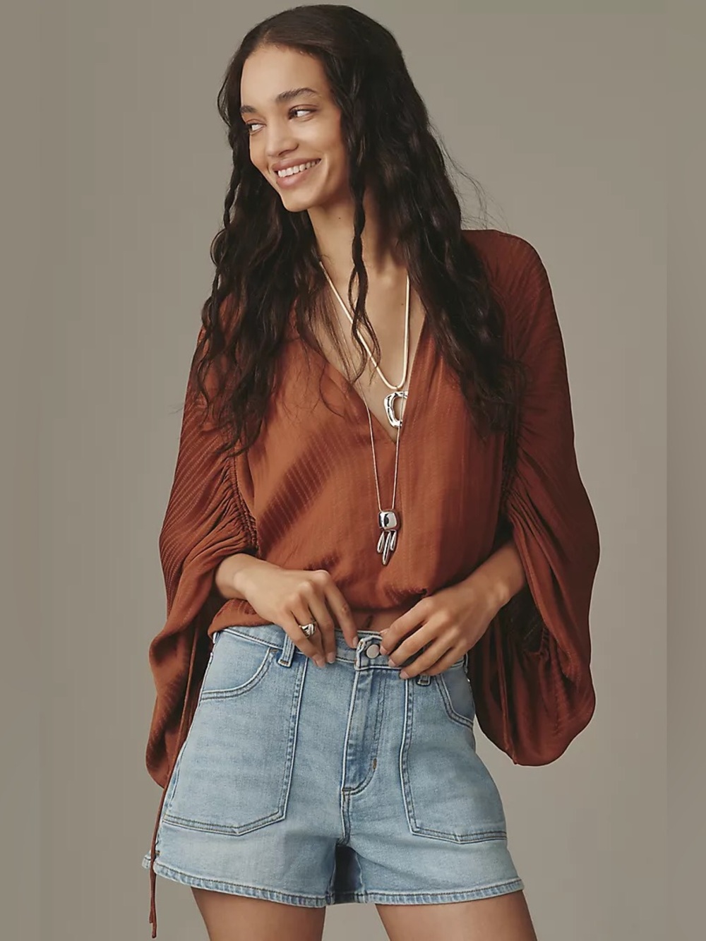 Anthropologie NWT Ruched Dolman Sleeve Top Brown | Size M